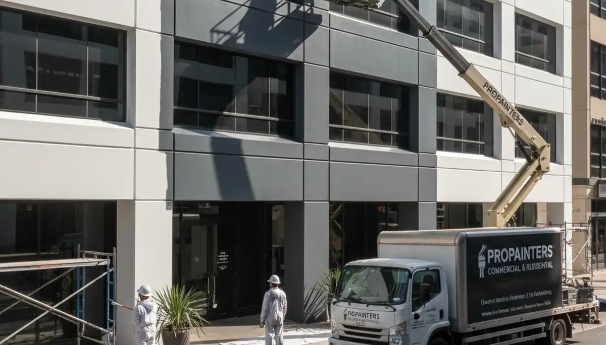 Professional commercial painters in Wellesley, MA applying durable paint finish to office exterior