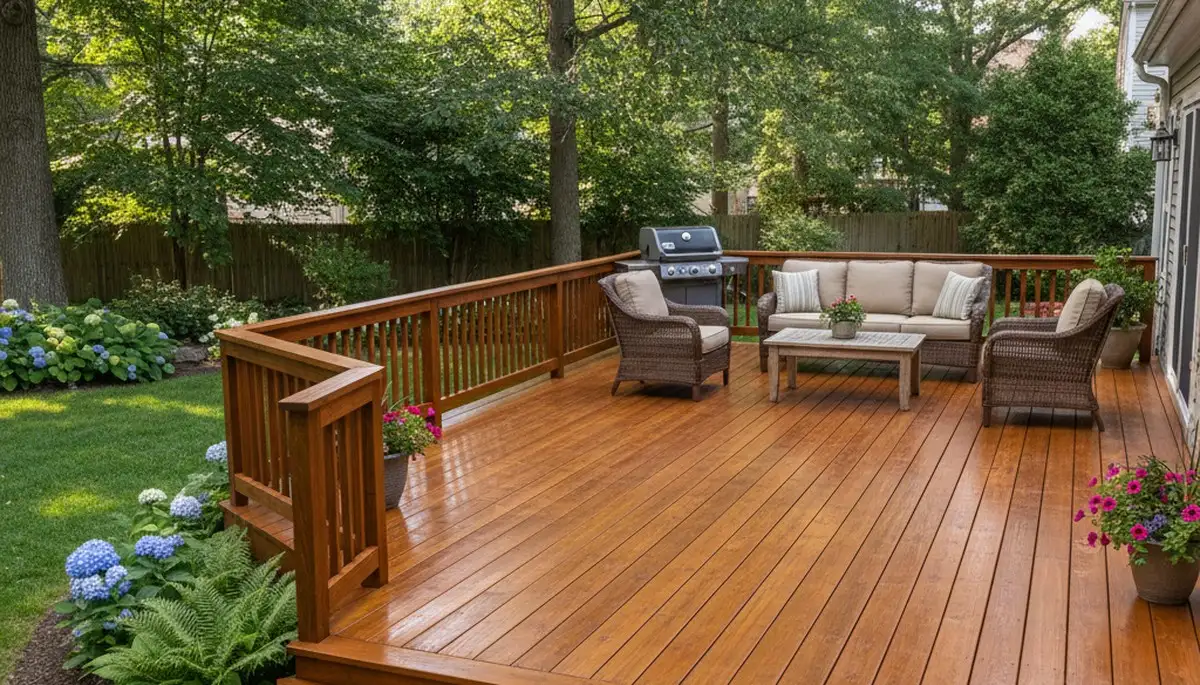 Finished deck staining and wood restoration by professional painters in Wellesley, MA