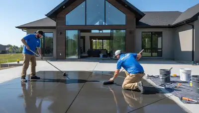 Contractor applying concrete stain on driveway in Wellesley MA for durable decorative finish