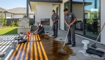 Professional concrete staining on residential driveway in Wellesley, MA by expert house painters