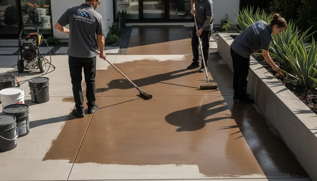Professional concrete staining on residential garage floor in Wellesley, MA by expert house painters