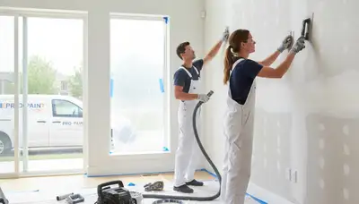Painter repairing drywall cracks in Wellesley MA home for smooth, professional wall restoration
