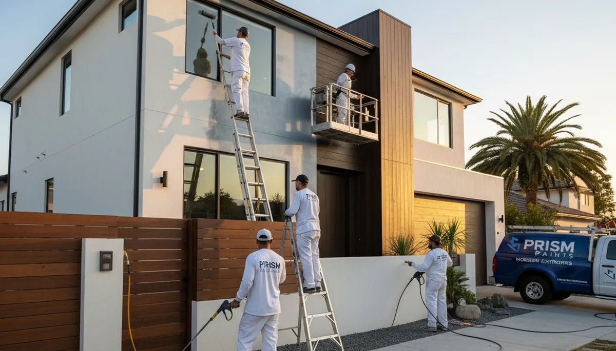 Professional exterior house painters in Wellesley MA applying fresh paint to a classic New England home