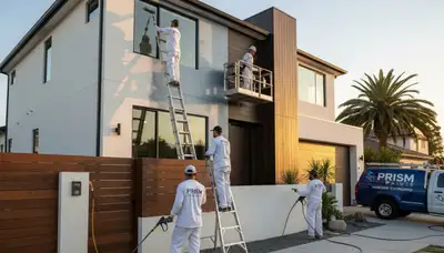 Professional exterior house painters in Wellesley MA applying fresh paint to a classic New England home