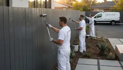Professional fence painters staining wooden fence in Wellesley, MA for lasting curb appeal