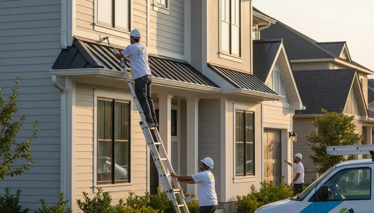 Professional gutter painting on historic home exterior in Wellesley, MA by expert house painters