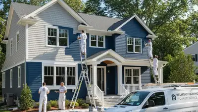 Professional house painters working on a residential exterior in Wellesley, MA