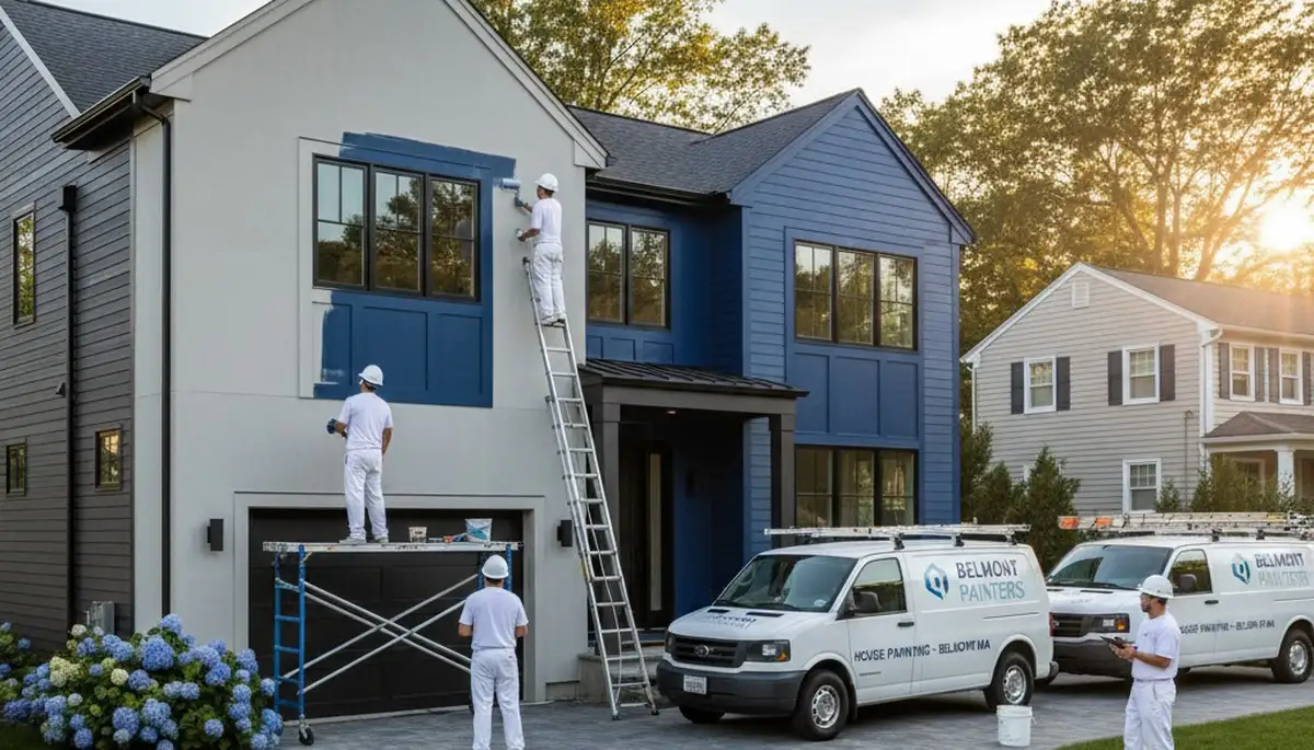 Professional house painters working on exterior home repainting in Wellesley, MA