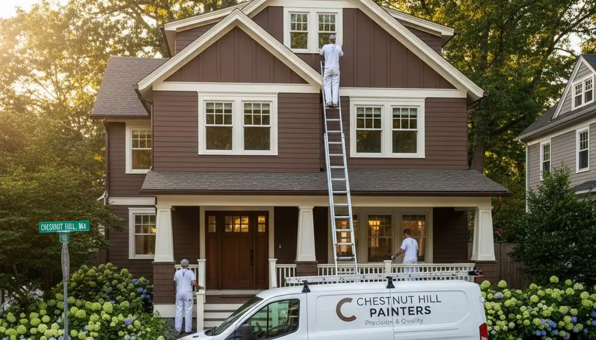 Professional house painters in Wellesley MA applying fresh exterior paint to a residential home
