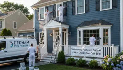 Professional house painters in Wellesley MA applying exterior paint to a residential home
