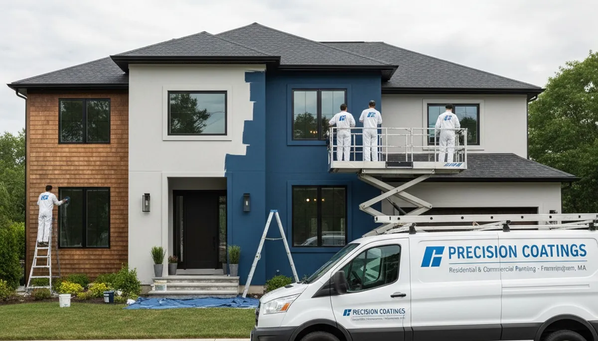 Professional house painters working on exterior home repaint in Wellesley MA
