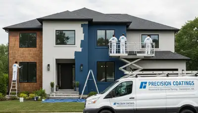 Professional house painters working on exterior home repaint in Wellesley MA