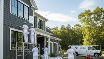 Professional house painters at work on home exterior in Wellesley MA