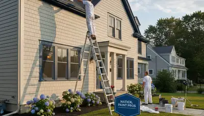 Professional house painters in Wellesley MA applying fresh exterior paint to a residential home