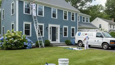 Professional house painters working on exterior home painting in Wellesley MA