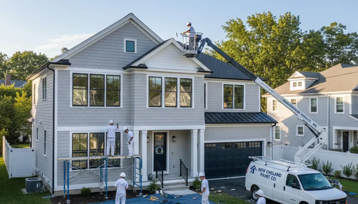 Professional house painters working on exterior home in Wellesley MA