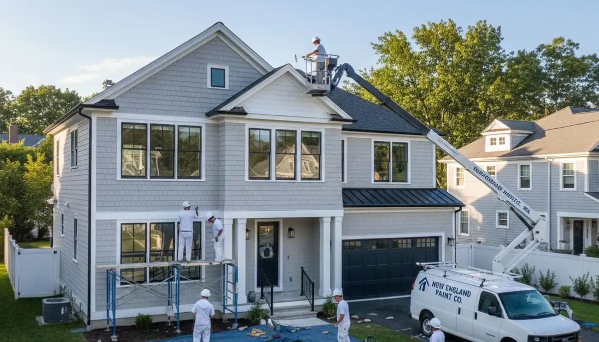 Professional house painters working on exterior home in Wellesley MA
