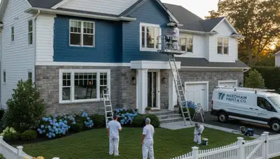 Professional house painters in Wellesley MA applying exterior paint to a residential home