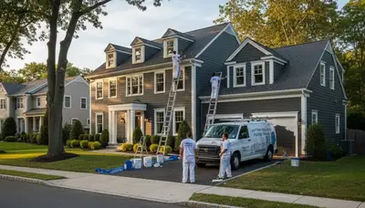 Professional house painters working on a residential exterior project in Wellesley, MA