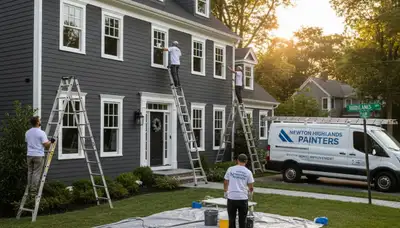 Professional house painters working on a home exterior in Wellesley, MA