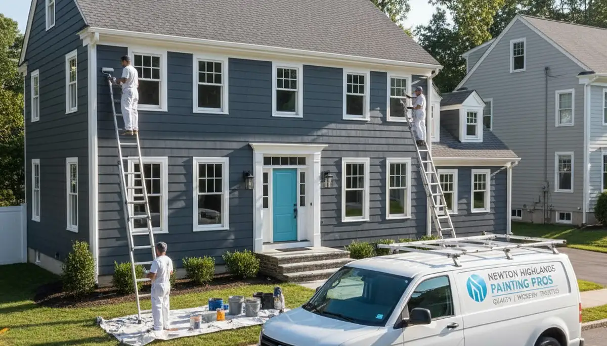 Professional house painting contractors working on a Wellesley MA home exterior