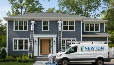 Professional house painters working on a residential exterior in Wellesley, MA