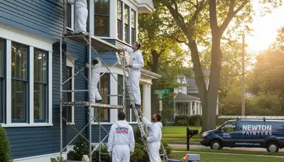 Professional house painters in Wellesley MA applying exterior paint to a suburban home