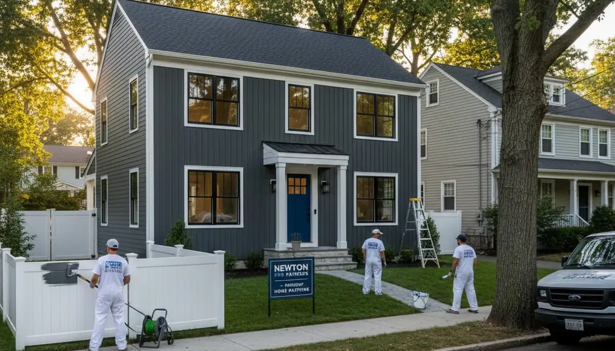 Professional house painters working on residential exterior in Wellesley, MA