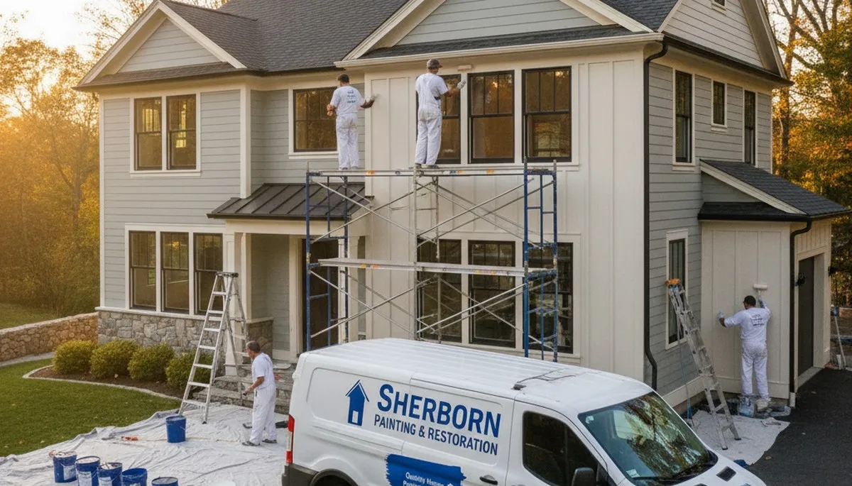 Professional house painters working on residential exterior in Wellesley MA