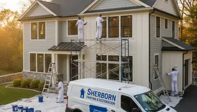 Professional house painters working on residential exterior in Wellesley MA