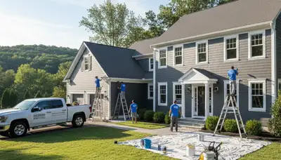 Professional house painters working on residential exterior in Wellesley MA