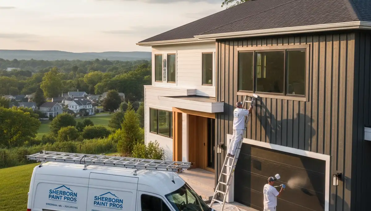 Professional house painters working on residential exterior in Wellesley MA