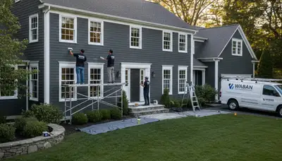 Professional house painters working on exterior home painting in Wellesley MA