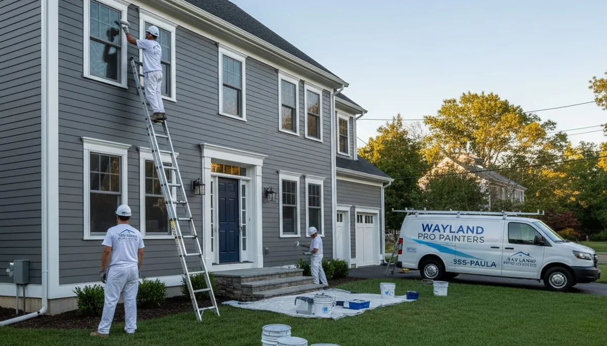 Professional house painters in Wellesley MA applying exterior paint to a suburban home
