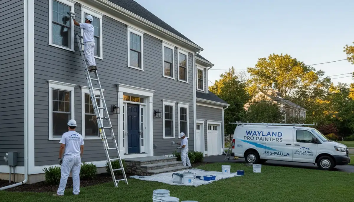 Professional house painters in Wellesley MA applying exterior paint to a suburban home