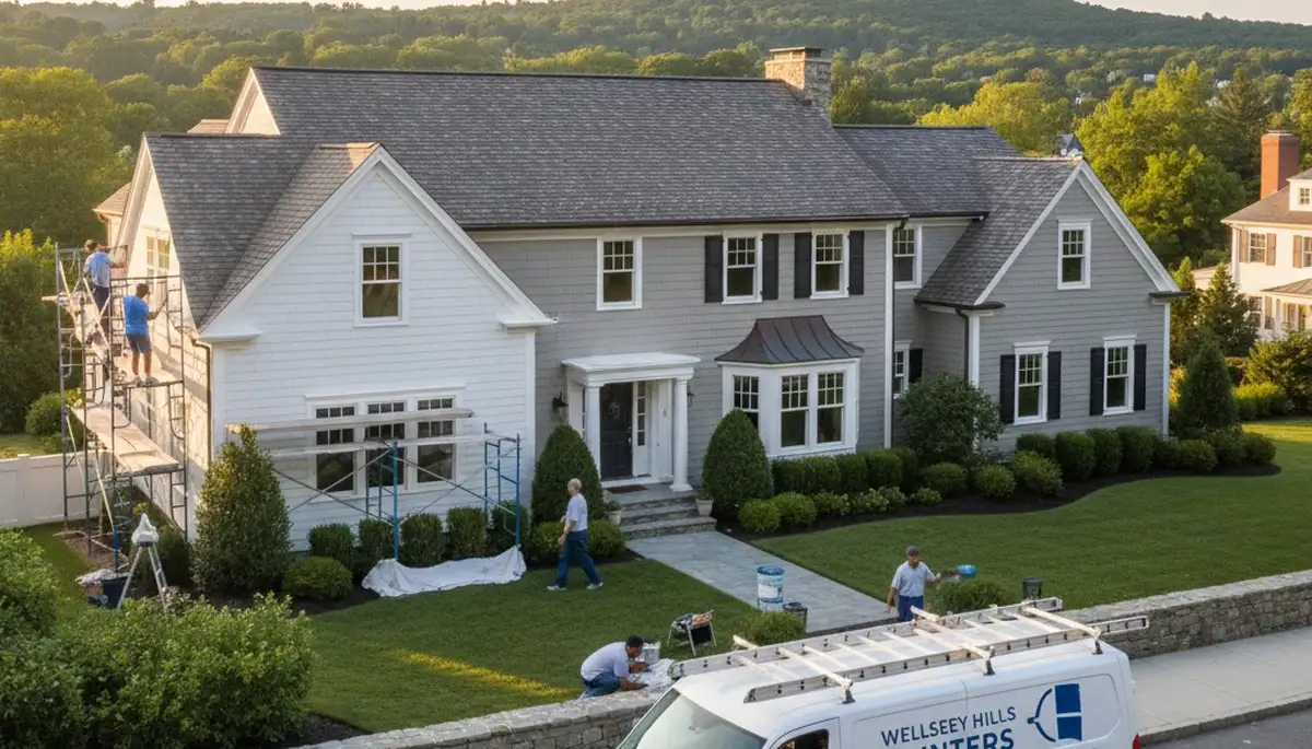 Professional house painters in Wellesley MA painting home exterior with expert detail