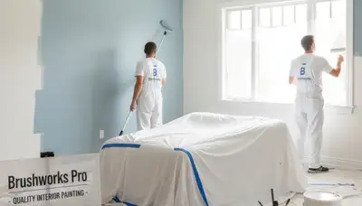 Professional interior house painters finishing living room walls in Wellesley, MA