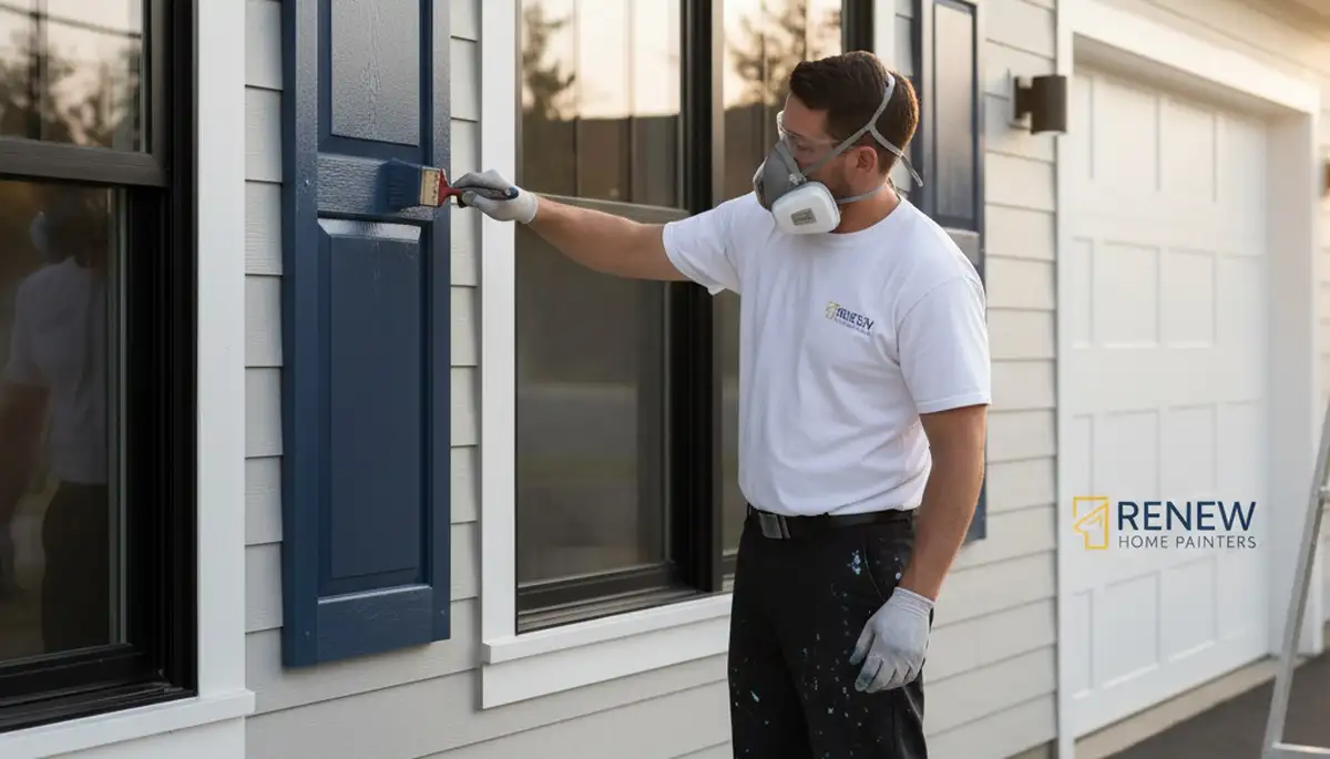 Professional shutter painting on a Wellesley MA home with fresh, weather-resistant finish