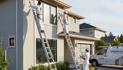 Professional trim and fascia painting on a Wellesley MA home by expert house painters