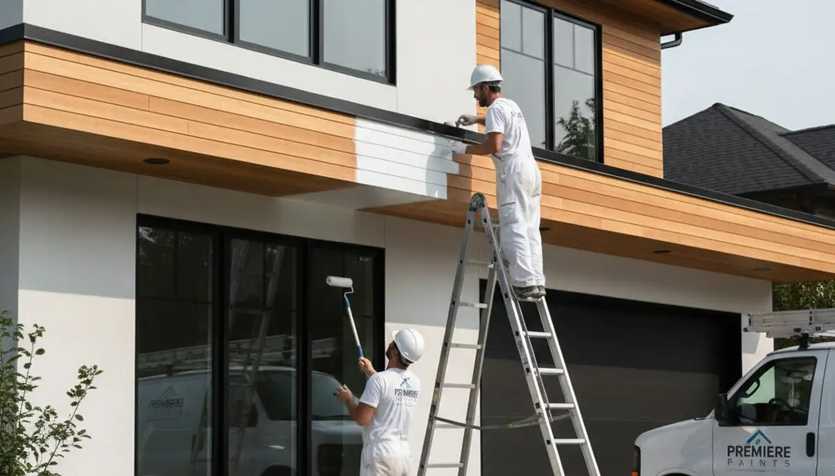 Professional trim and fascia painting on a Wellesley MA home by expert house painters