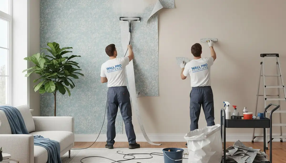 Professional wallpaper removal in Wellesley MA home by expert house painters prepping smooth walls