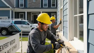 Professional wood rot repair on home siding by expert painters in Wellesley, MA